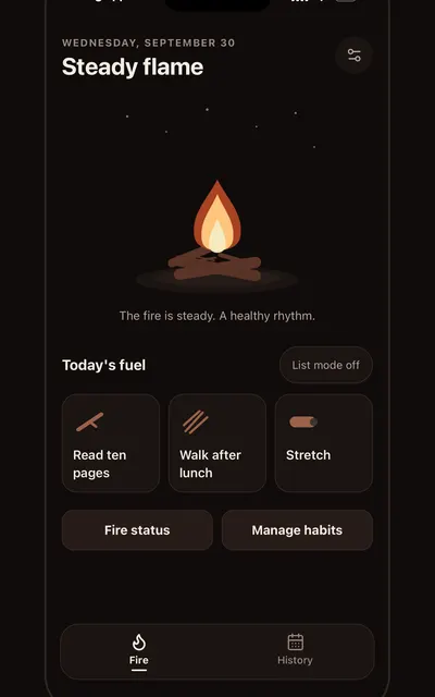 Campfire Habits screen: One small fire
