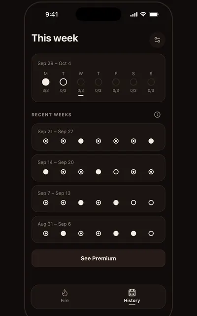 Campfire Habits screen: Weeks, not streaks